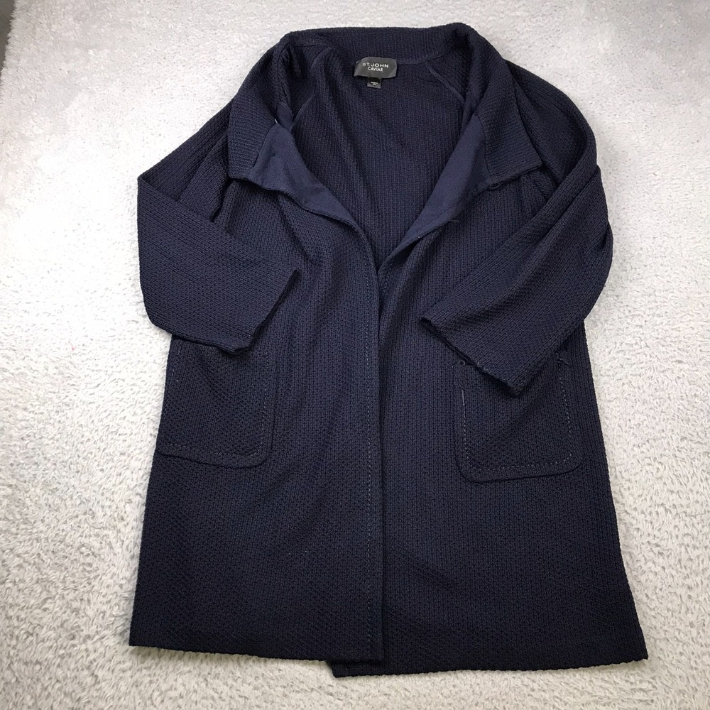 St John Caviar‎ Coat Womens M Navy Knit Oversized Jacket Patch Pockets Cardigan
